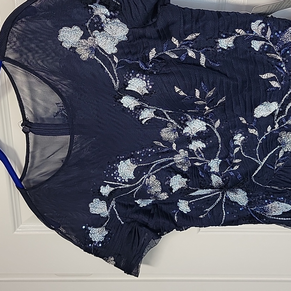 BETSY & ADAM NWT NAVY EMBROIDERED MESH A-LINE OVERLAY GOWN SIZE 12 - Picture 5 of 17